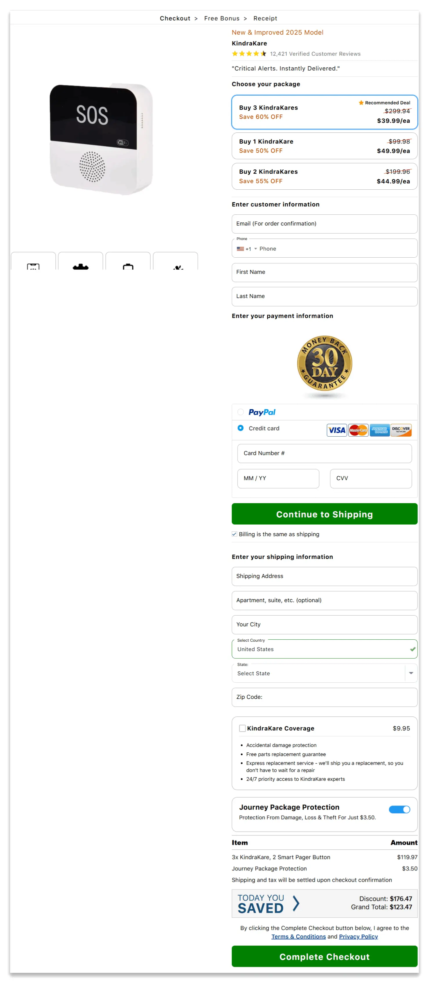 KindraKare secure checkout page